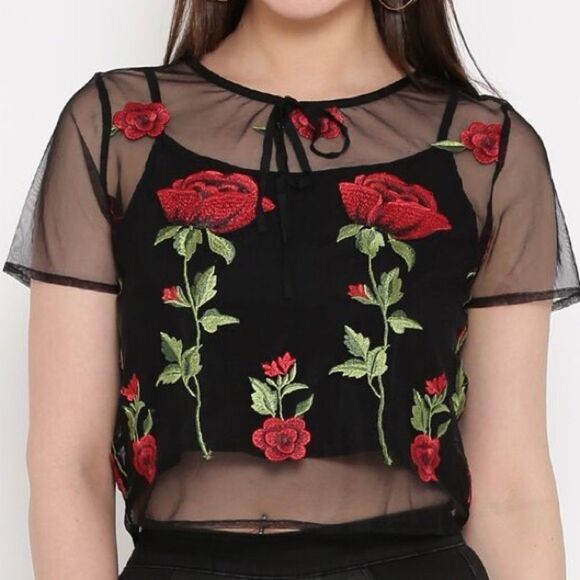 Forever 21 black and red Contemporary Embroidered Rose Floral Mesh Crop Blouse - Picture 1 of 8